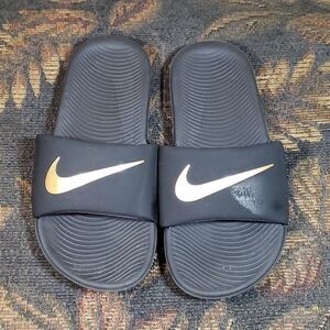 Nike Kawa Black Slide Sandals with Gold Swoosh- Size 2